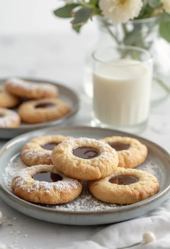 Hazelnut cream linzer cookies dusted with powdered sugar