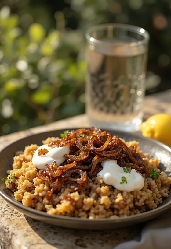Mujaddara with yogurt, served with roasted onions