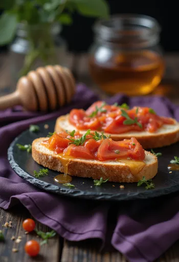 Toasted bread rubbed with tomato and topped with red spreadable sausage