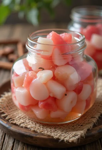 Pickled watermelon rind in a glass jar
