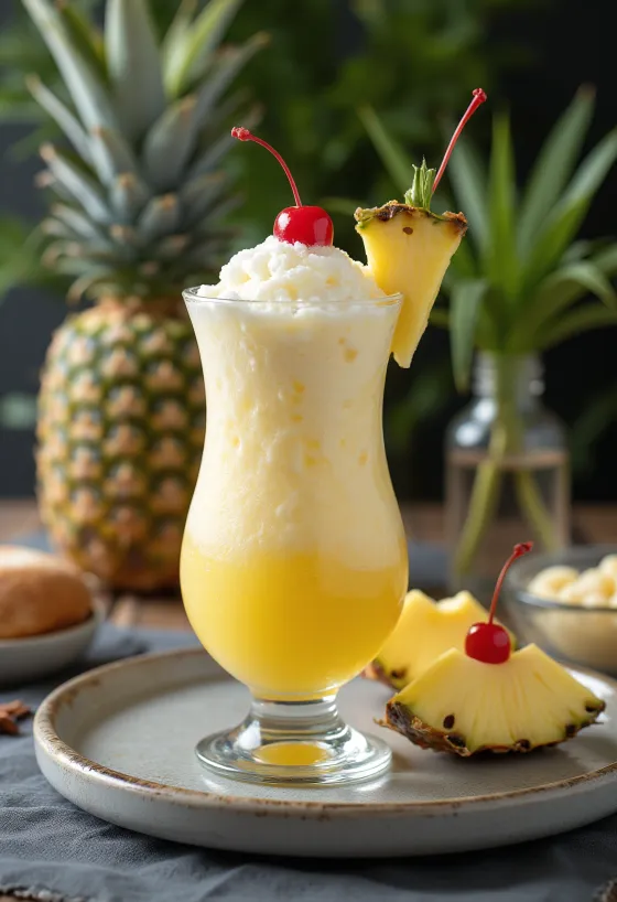 Piña Colada garnished with fresh pineapple and maraschino cherry