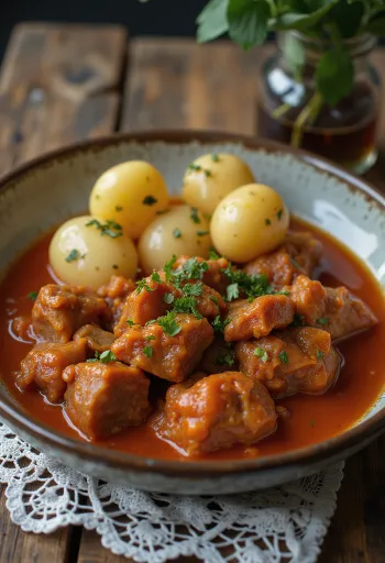 Lamb Pörkölt stew served with bread and pickles