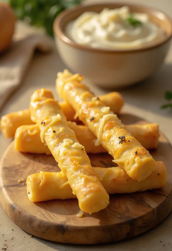 Crispy cheese straws baked golden brown, generously topped with shredded cheese
