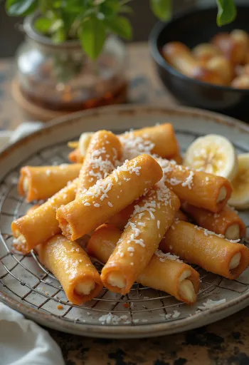 Turon with banana, fresh and crispy dessert with brown sugar and cinnamon