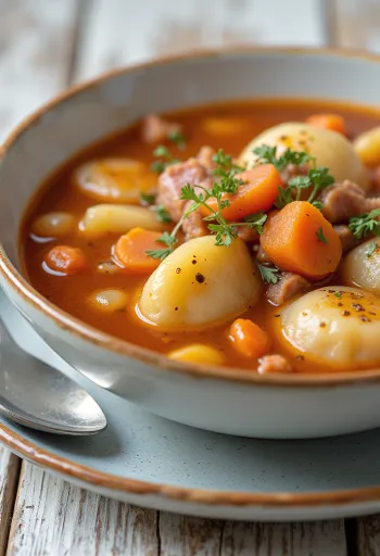 Mock goulash soup rich with vegetables and paprika seasoning