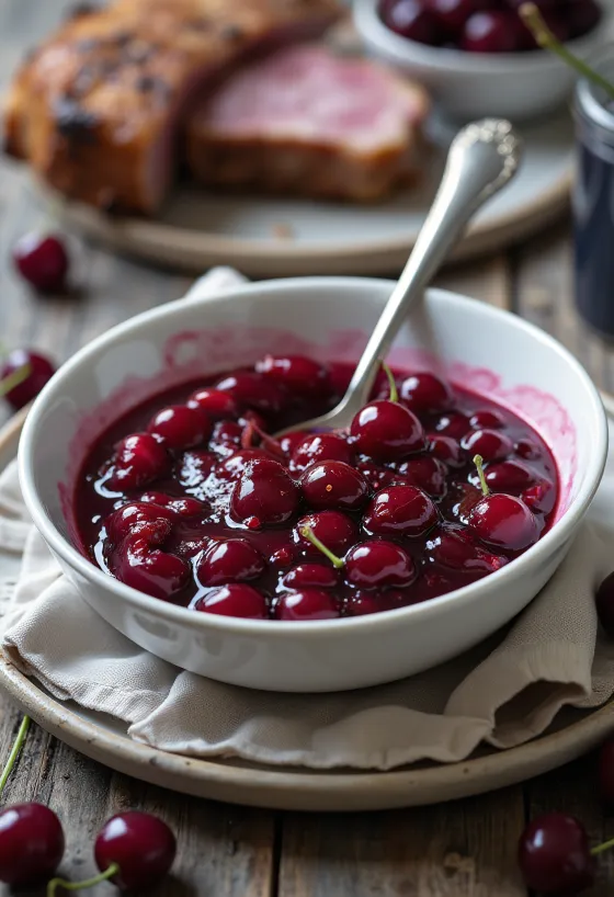 Fresh sour cherry sauce with whole cherries and spices