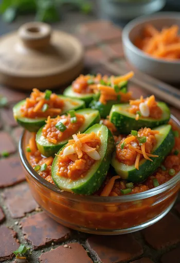 Oi Sobagi, stuffed cucumber kimchi, a fresh and spicy Korean side dish.
