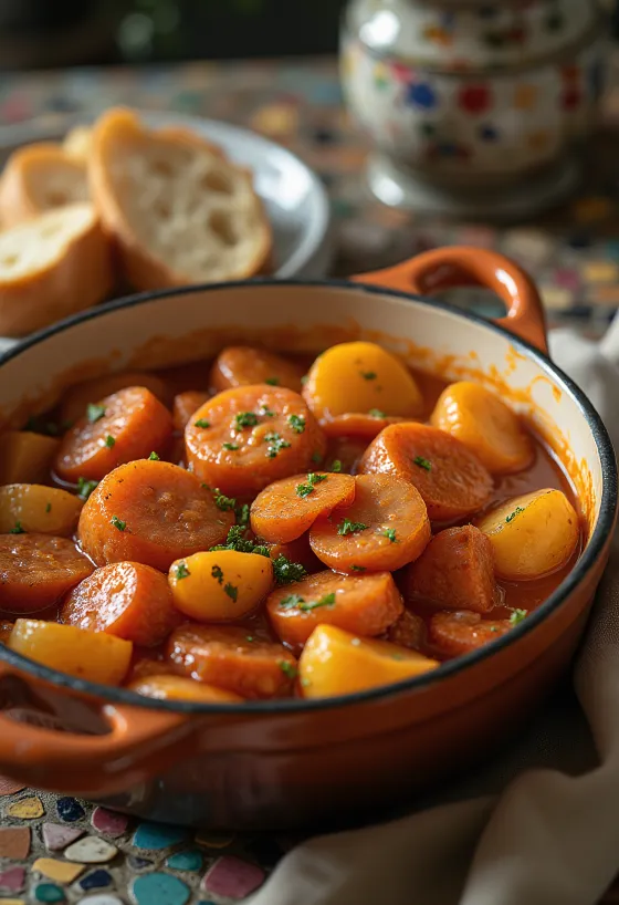Stewed potatoes and smoked sausage slices in a rich red paprika sauce.