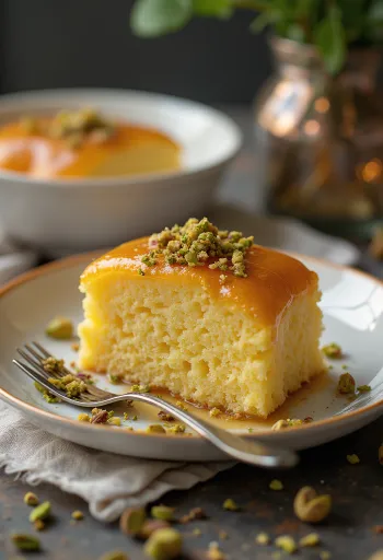 Cardamom Revani cake squares soaked in syrup