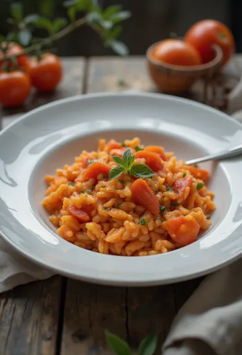 Creamy tomato risotto served with grated Parmesan in a white plate