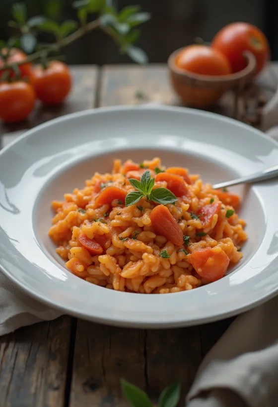 Creamy tomato risotto served with grated Parmesan in a white plate