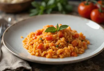Creamy tomato risotto served with grated Parmesan in a white plate