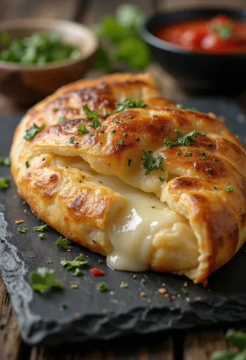 Golden calzone filled with mozzarella and ham