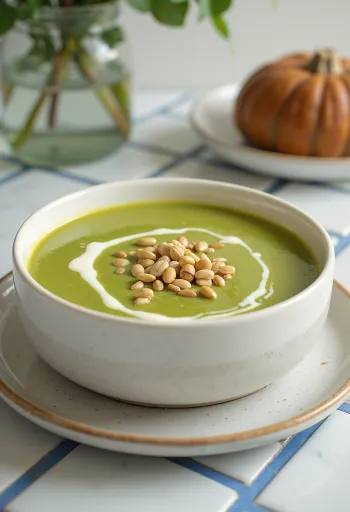 Zucchini soup with toasted seeds served.