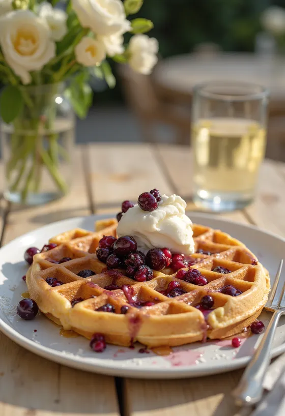 Black currant waffle with fresh fruit