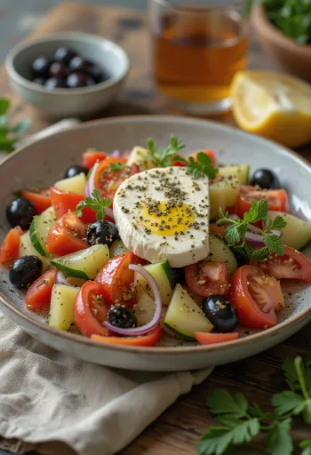 Fresh Greek salad with feta cheese, olives, and juicy tomatoes
