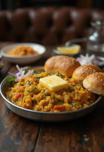 Spicy Pav Bhaji mashed vegetable curry served with buttered buns
