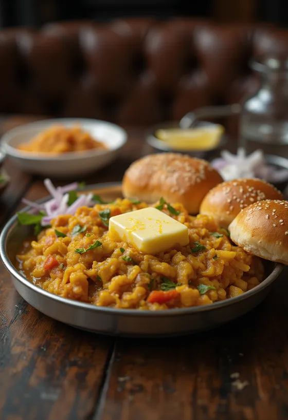 Spicy Pav Bhaji mashed vegetable curry served with buttered buns