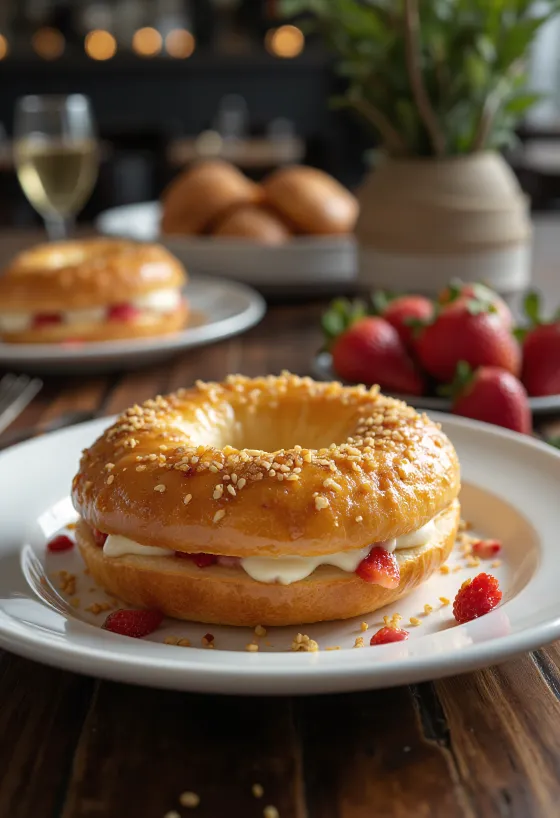 Freshly baked champagne strawberry honey bagel