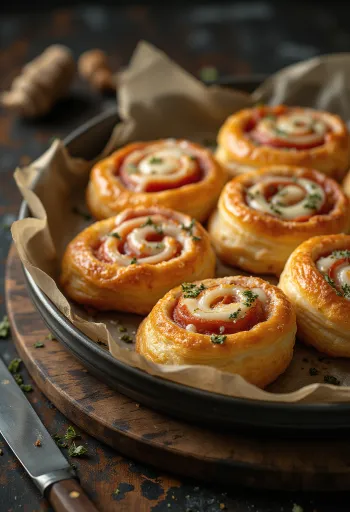 Baked puff pastry rolls filled with tomato sauce, cheese, and ham.