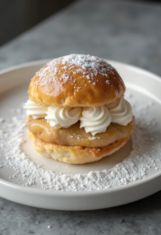 Platter of Swedish Semla buns filled with cream and dusted with powdered sugar