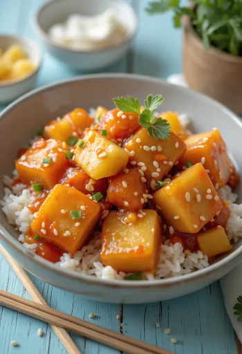 Crispy sweet and sour tofu with peppers and pineapple