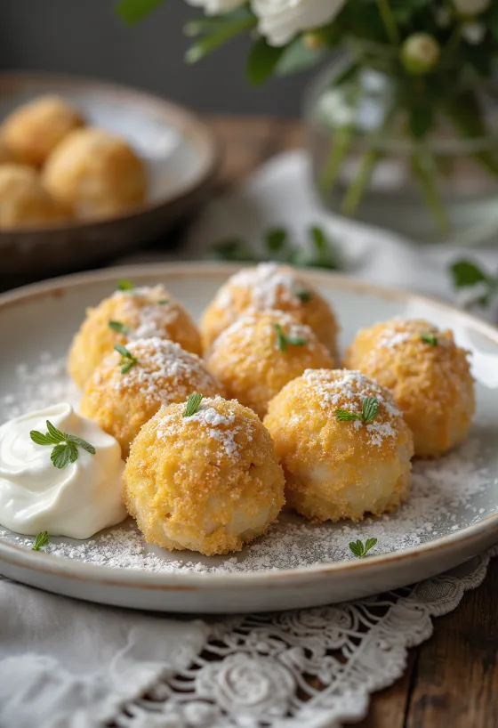 Soft cottage cheese dumplings with sour cream and toasted breadcrumbs