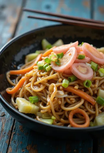 Yakisoba stir-fried noodles with colorful vegetables
