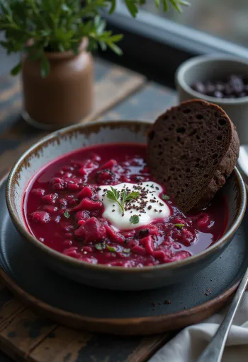Traditional borscht soup served with sour cream and dill