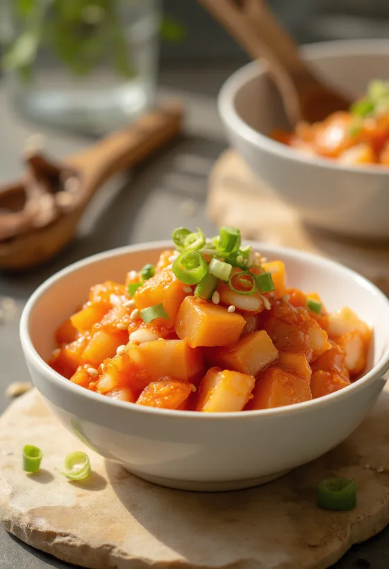 Kkakdugi - cubed radish kimchi in a bowl