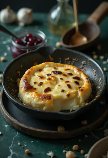 Garlic leipäjuusto baked cheese browned to golden, placed on a wooden spoon, on a dark wooden surface