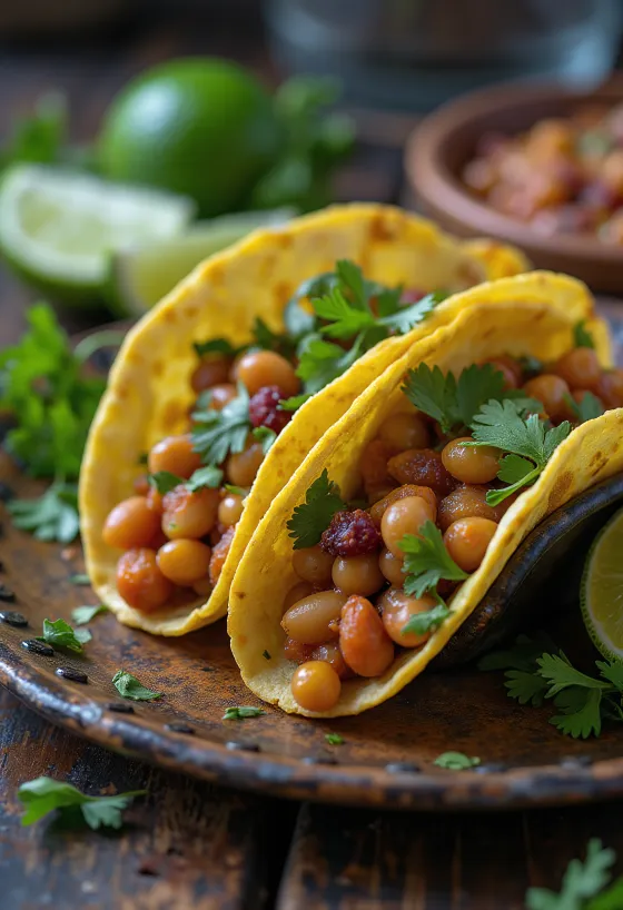 Vegan bean tacos with avocado and lime
