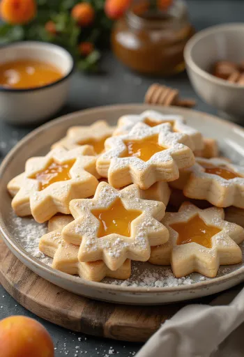 Honey Linzer Cookies dusted with sugar, filled with jam