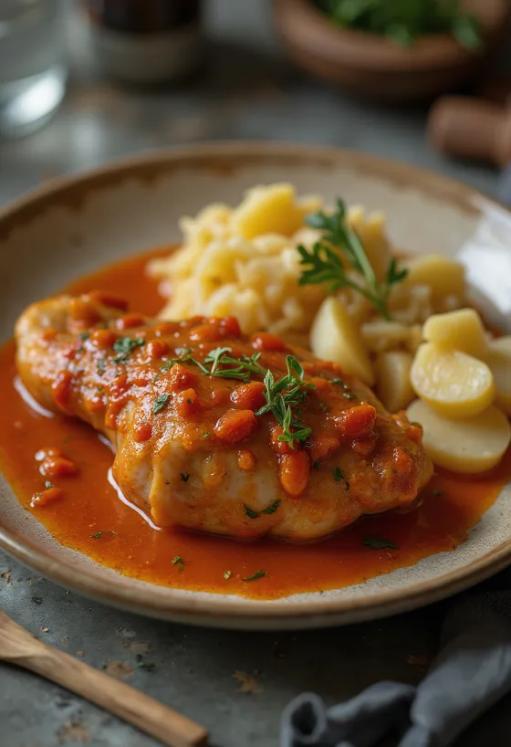 Goose leg stew served with potatoes