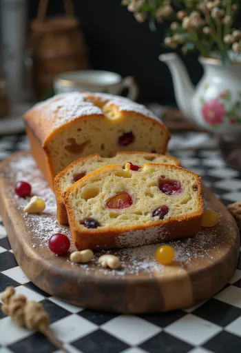 Bishop's bread sliced, showing raisins, walnuts and candied fruit