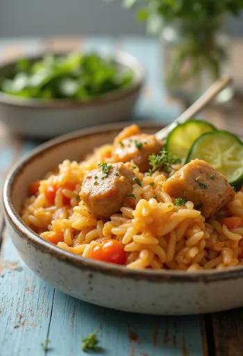 One-pot pork and rice dish with colorful peppers and tomatoes.