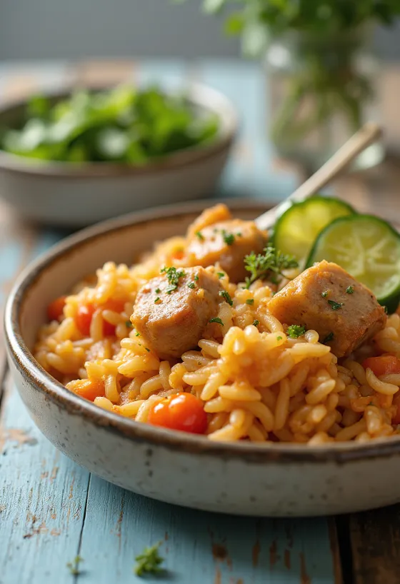 One-pot pork and rice dish with colorful peppers and tomatoes.