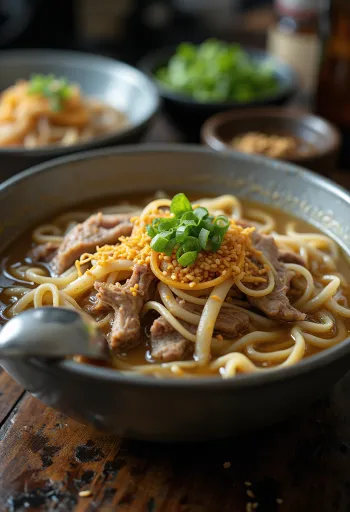 Bowl of Korean Kalguksu noodle soup with beef and chicken