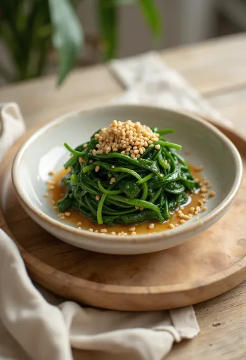 Small bowl of spinach gomae topped with sesame seeds