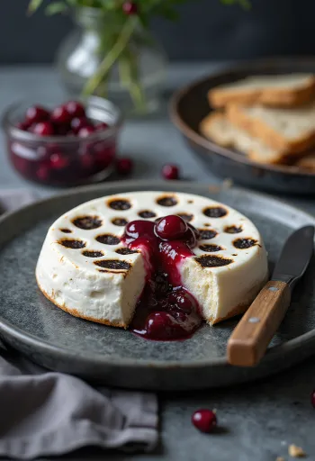 Classic Leipäjuusto cheese disk with brown spots served on wood