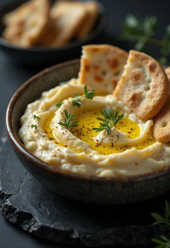 Bowl of creamy baba ganoush served with pita bread