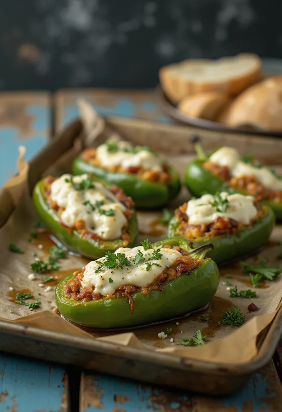 Red bell peppers stuffed with white feta cheese filling