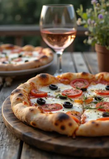 Pizza Provençale with tomatoes, black olives, and herbs