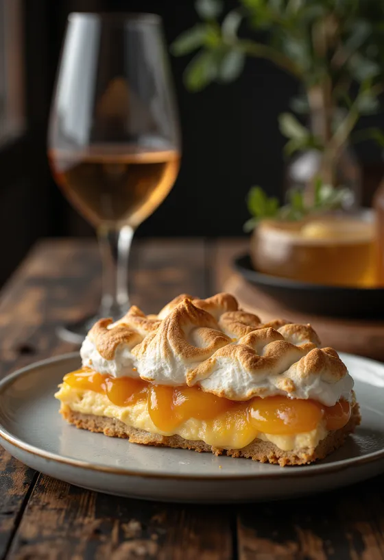 Rákóczi cake slice with meringue lattice and apricot jam