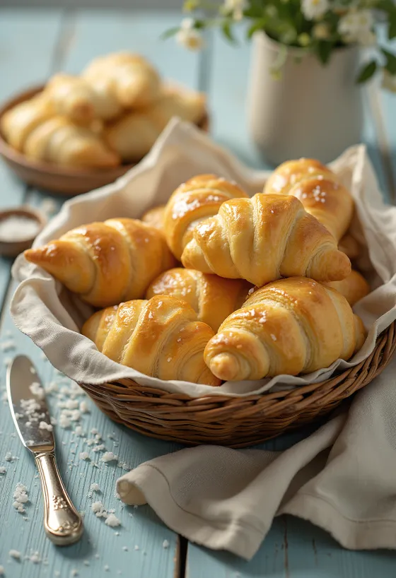 Basket of freshly baked golden crescent rolls sprinkled with salt.