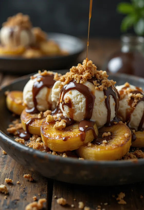 Roasted Banana Sundae decorated with chocolate syrup and caramel