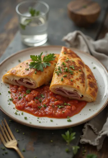 Golden calzone filled with rich tomato sauce and cheese