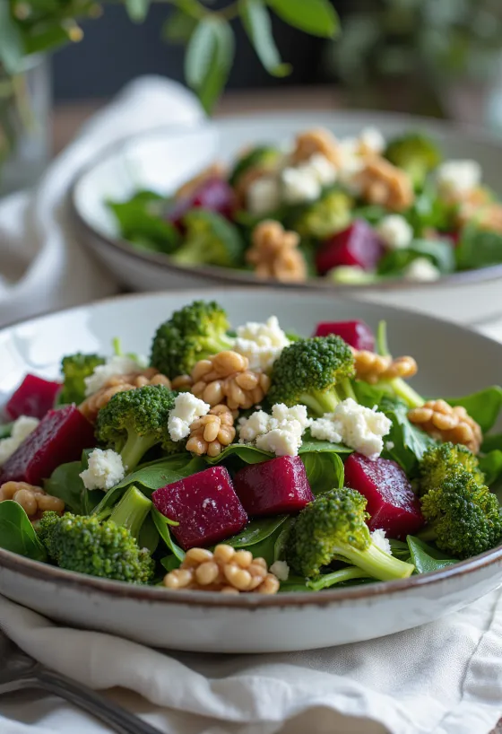 Beet broccoli salad with walnut dressing