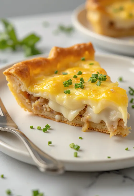 Slice of Portuguese cheese pie showing gooey filling