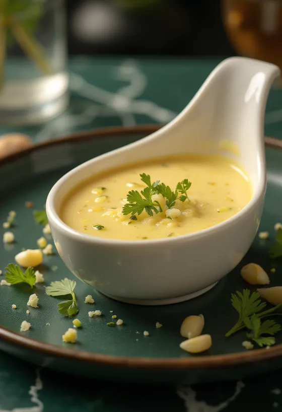 Creamy garlic butter sauce in a small bowl